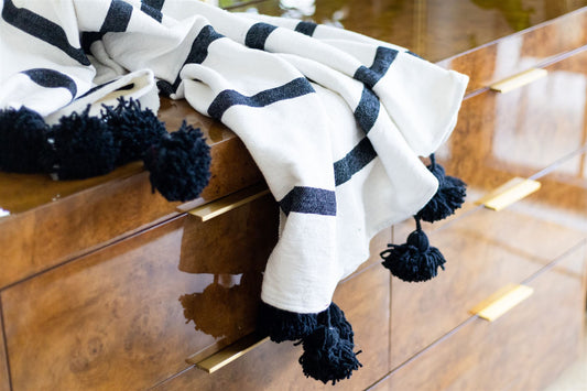 Black & White Throw (With Black Tassels) - Organic, Handwoven, 100% Wool.