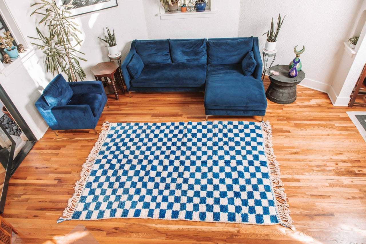 Blue Checkered Rug - Organic, Handwoven, 100% Wool.