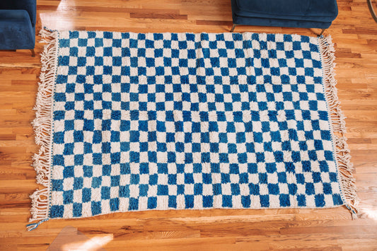 Blue Checkered Rug - Organic, Handwoven, 100% Wool.