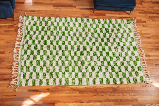 Green Chekered Rug - Organic, Handwoven, 100% Wool.
