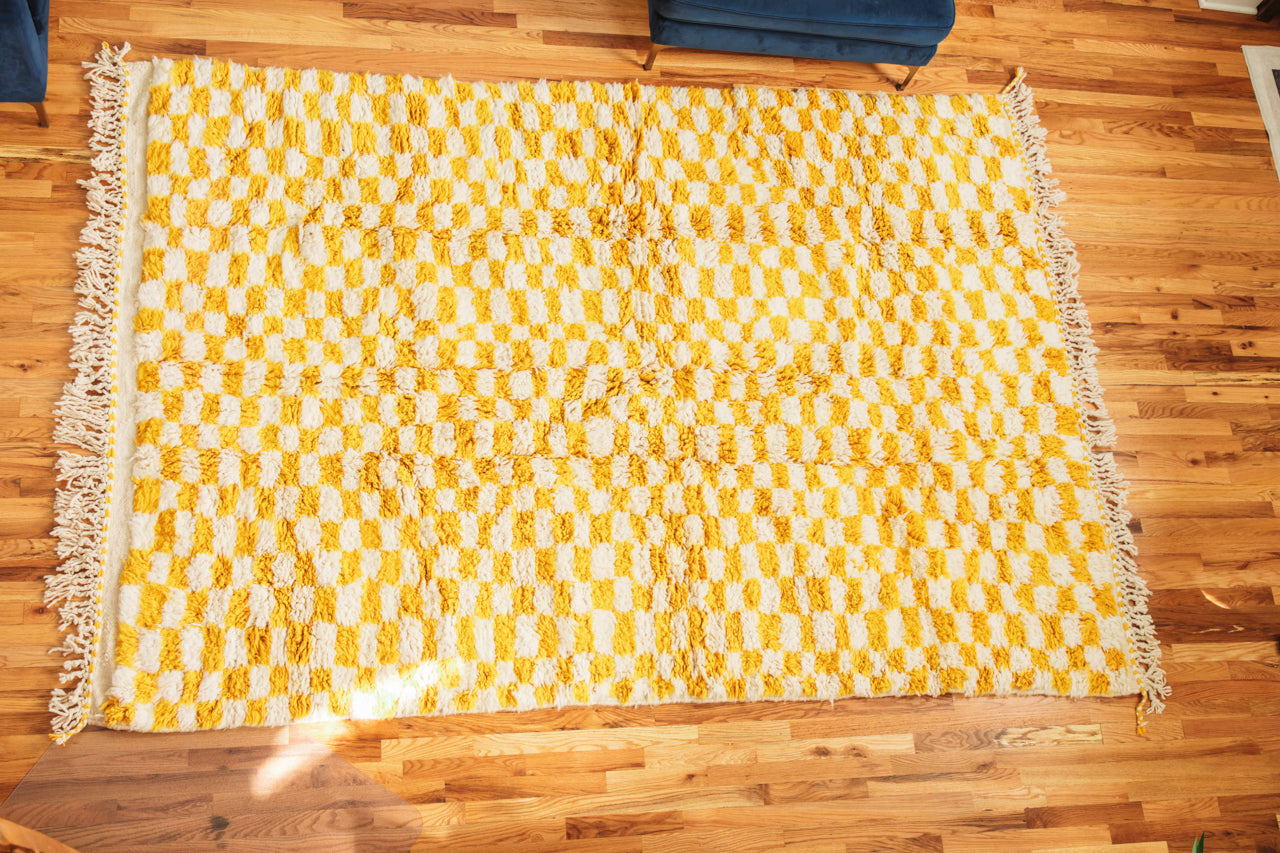 Yellow Checkered Rug - Organic, Handwoven, 100% Wool.