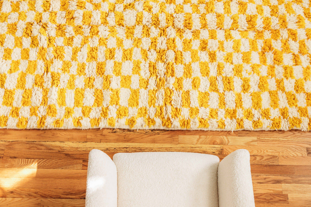 Yellow Checkered Rug - Organic, Handwoven, 100% Wool.